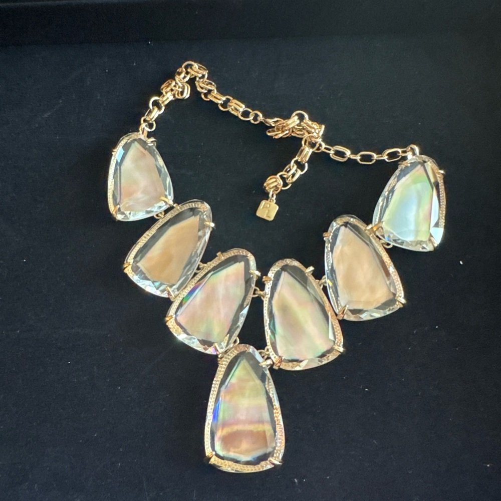 Elegant Gold and Beige Mother Pearl Iridescent Bib Necklace and Earring Set - Picture 4 of 8